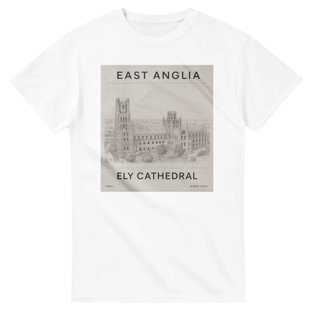 Fine-line engraving-style drawing for East Anglia, with a landmark caption and small coordinate text.