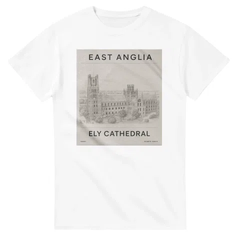 Fine-line engraving-style drawing for East Anglia, with a landmark caption and small coordinate text.
