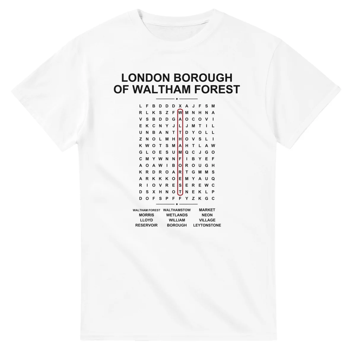 Word-search sheet for London Borough of Waltham Forest, with a large place-name heading, a letter grid, a local answer list, and a red highlighted example word.