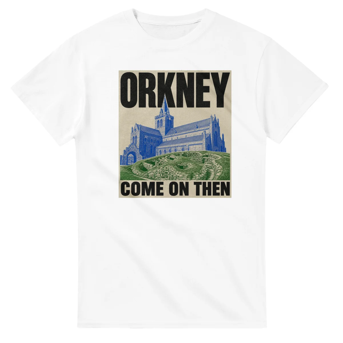 Two-colour scenic illustration for Orkney, with the place name and COME ON THEN lettering.