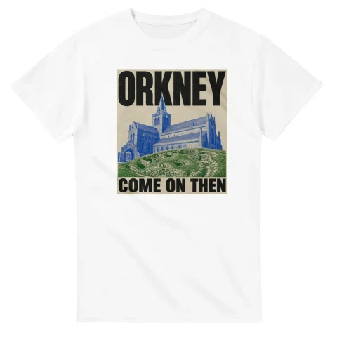 Two-colour scenic illustration for Orkney, with the place name and COME ON THEN lettering.