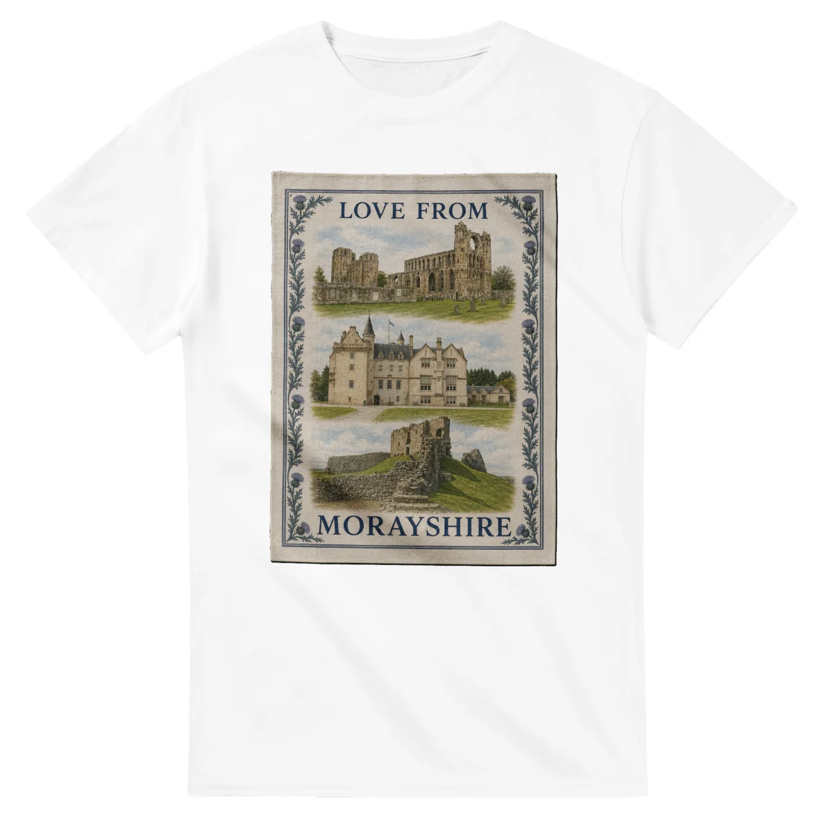 Framed scenic design for Morayshire, with several local views, a decorative border and LOVE FROM lettering.