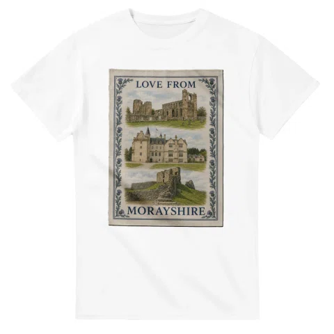 Framed scenic design for Morayshire, with several local views, a decorative border and LOVE FROM lettering.