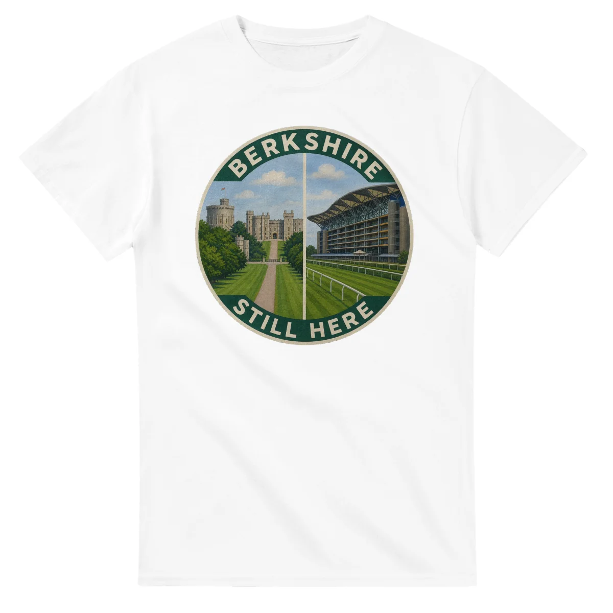 Painted, panelled scenic illustration for Berkshire, with paired local scenes and the place name in lettering.