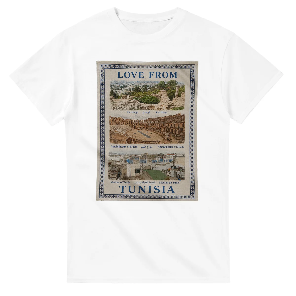 Framed scenic design for Tunisia, with several local views, a decorative border and LOVE FROM lettering.