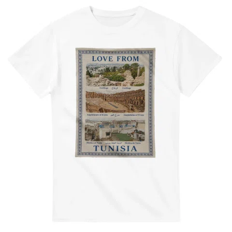 Framed scenic design for Tunisia, with several local views, a decorative border and LOVE FROM lettering.