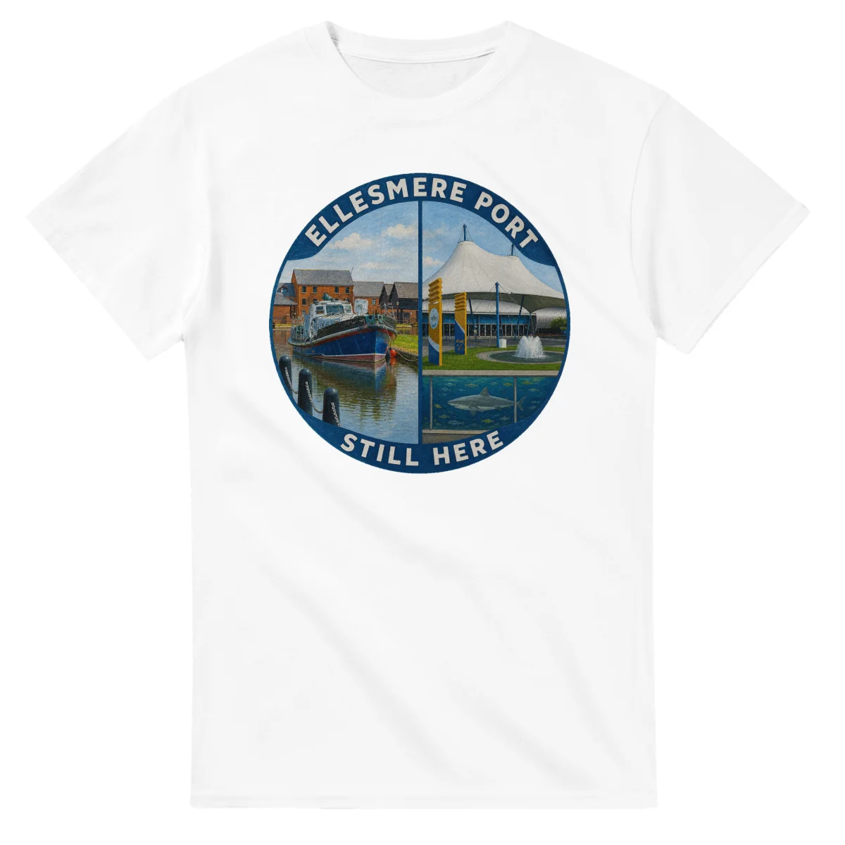 Painted, panelled scenic illustration for Ellesmere Port, with paired local scenes and the place name in lettering.