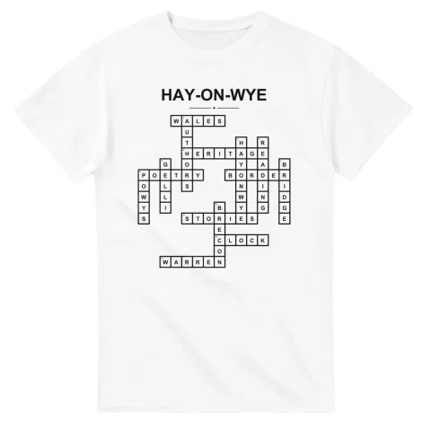 Monochrome crossword sheet for Hay-on-Wye, with a large place-name heading, a letter grid, and numbered across and down clues.