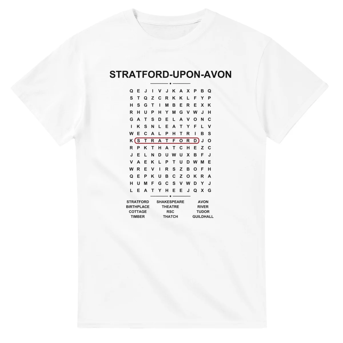 Word-search sheet for Stratford-upon-Avon, with a large place-name heading, a letter grid, a local answer list, and a red highlighted example word.