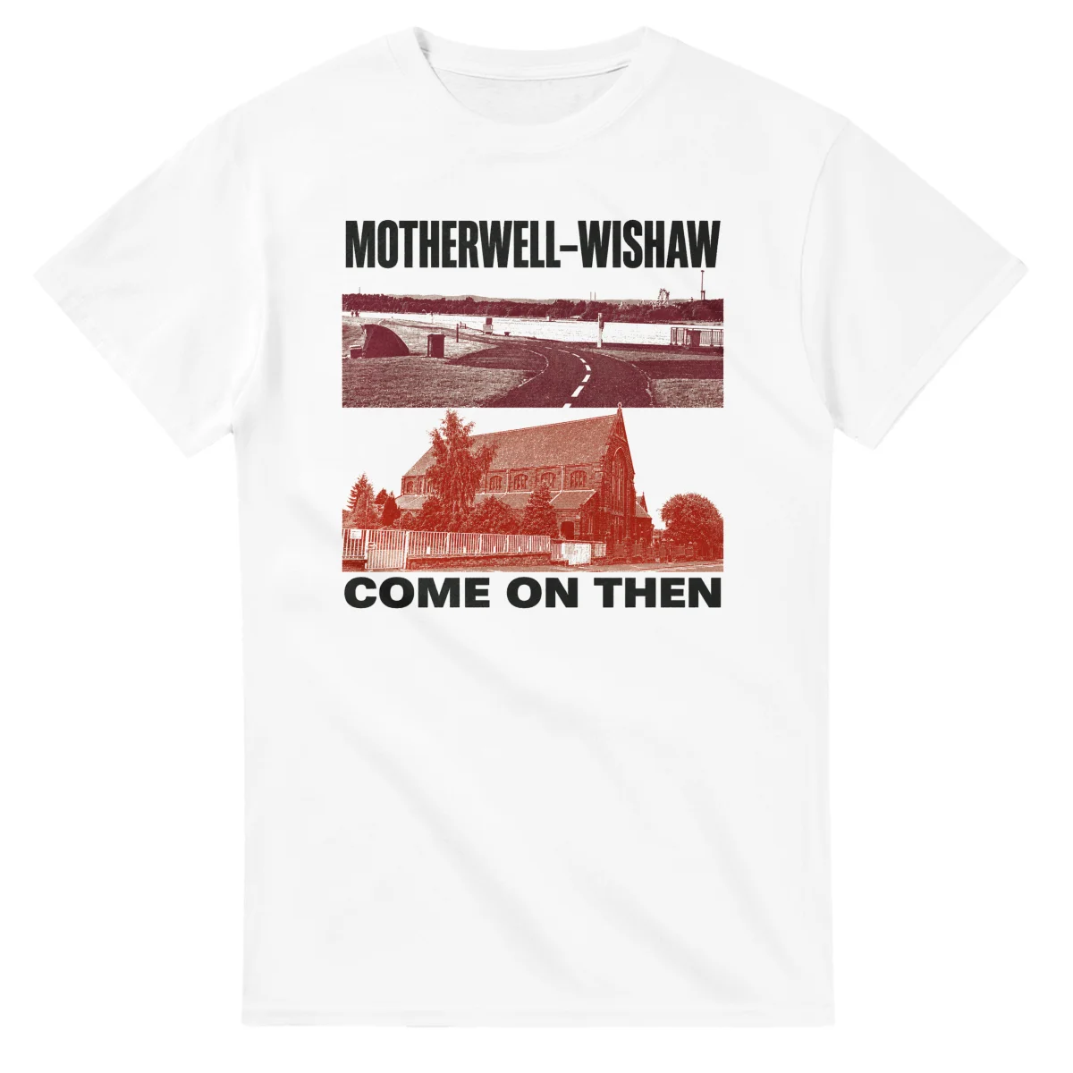 Two-colour scenic illustration for Motherwell–Wishaw, with the place name and COME ON THEN lettering.