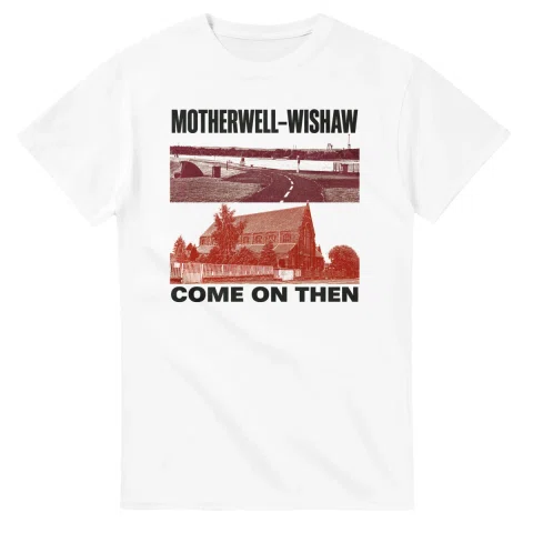 Two-colour scenic illustration for Motherwell–Wishaw, with the place name and COME ON THEN lettering.