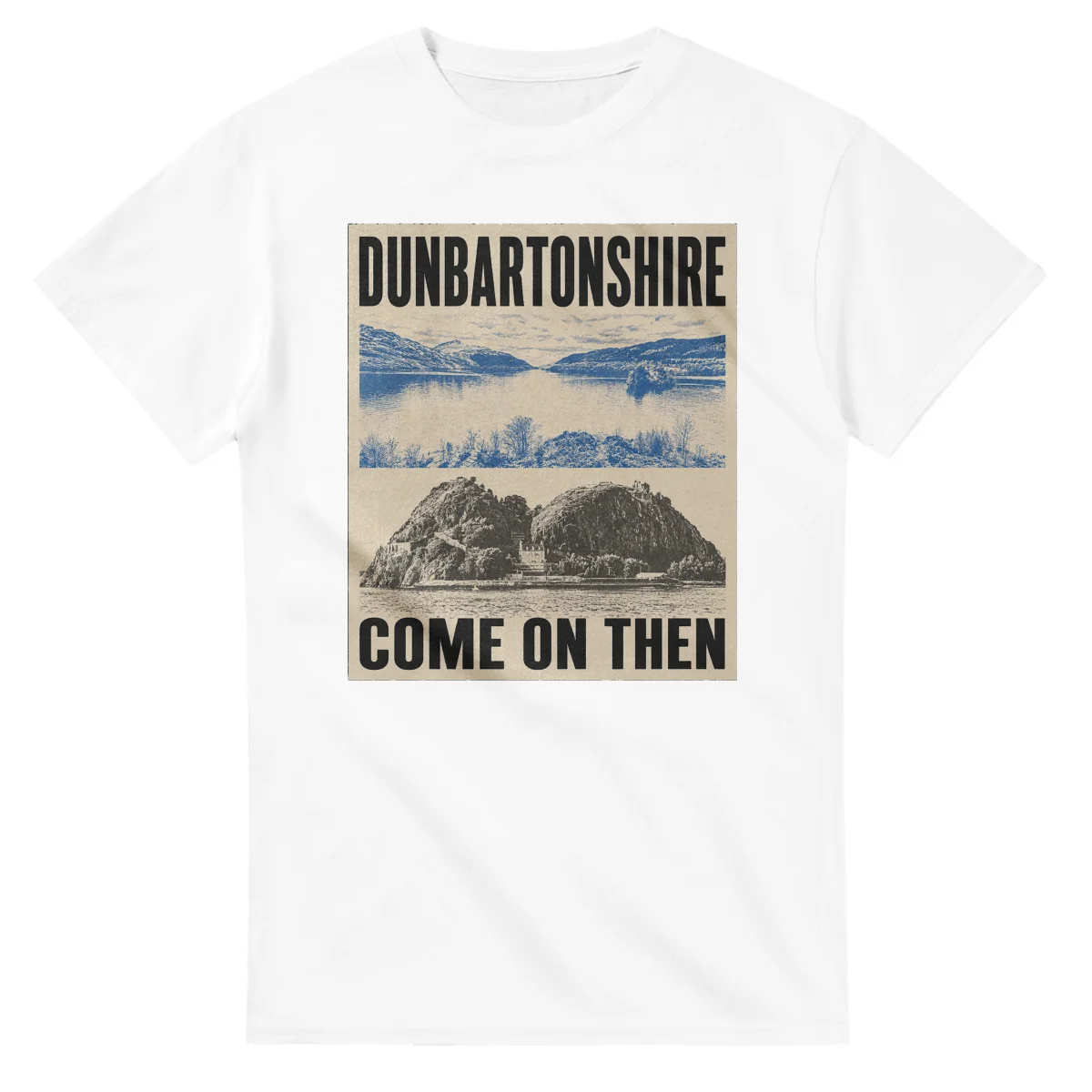 Two-colour scenic illustration for Dunbartonshire, with the place name and COME ON THEN lettering.