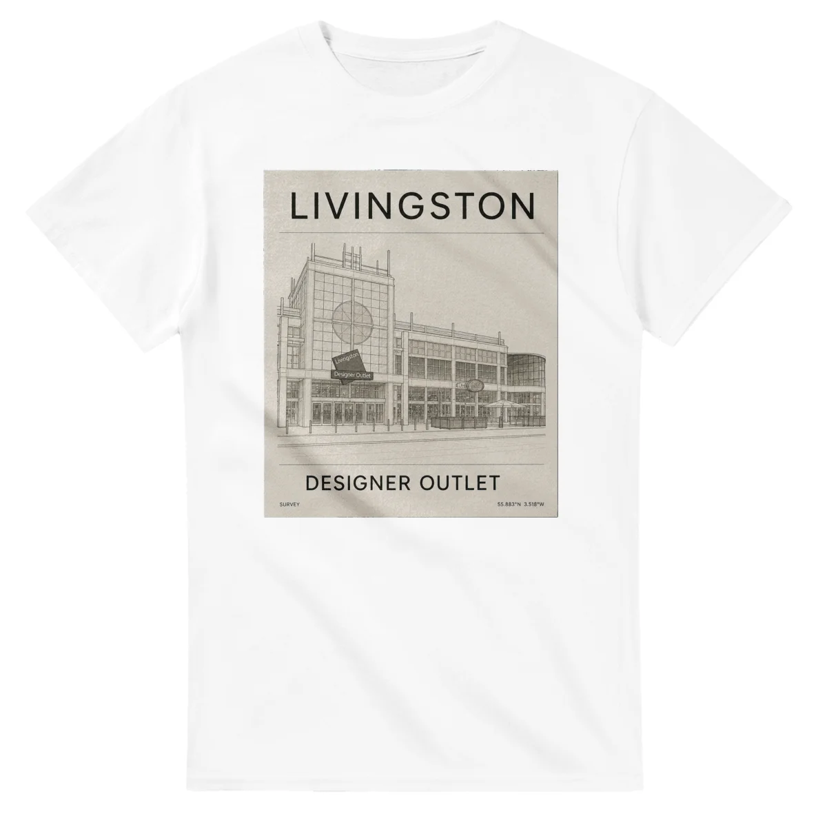 Fine-line engraving-style drawing for Livingston, with a landmark caption and small coordinate text.