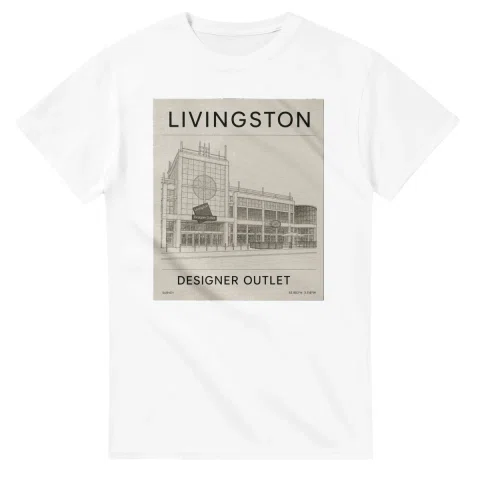 Fine-line engraving-style drawing for Livingston, with a landmark caption and small coordinate text.