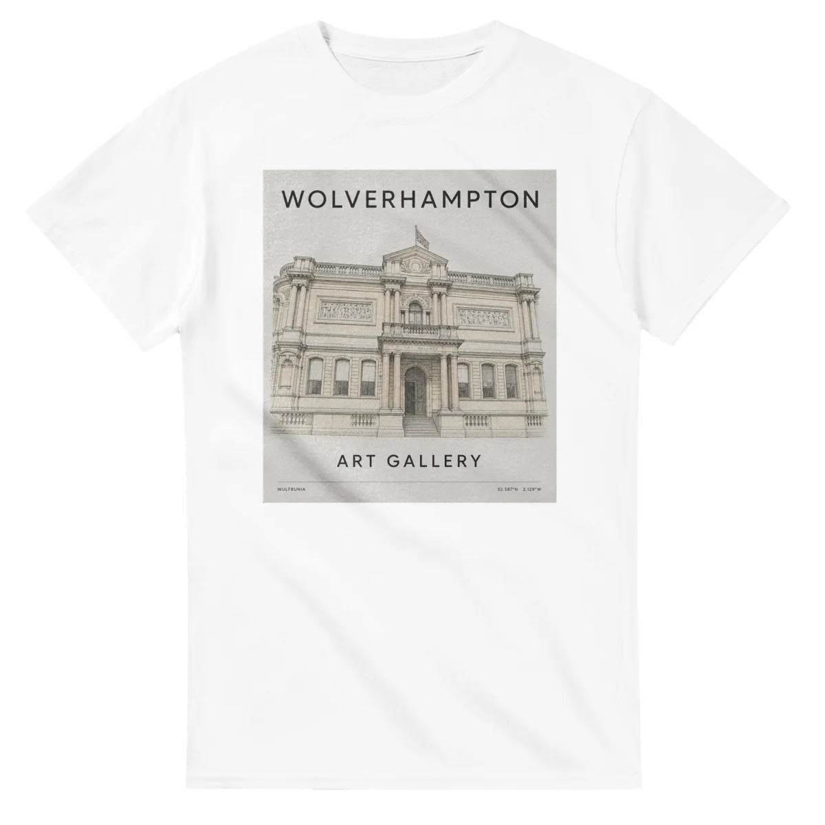 Fine-line engraving-style drawing for Wolverhampton, with a landmark caption and small coordinate text.