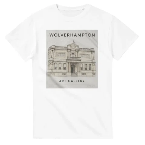 Fine-line engraving-style drawing for Wolverhampton, with a landmark caption and small coordinate text.