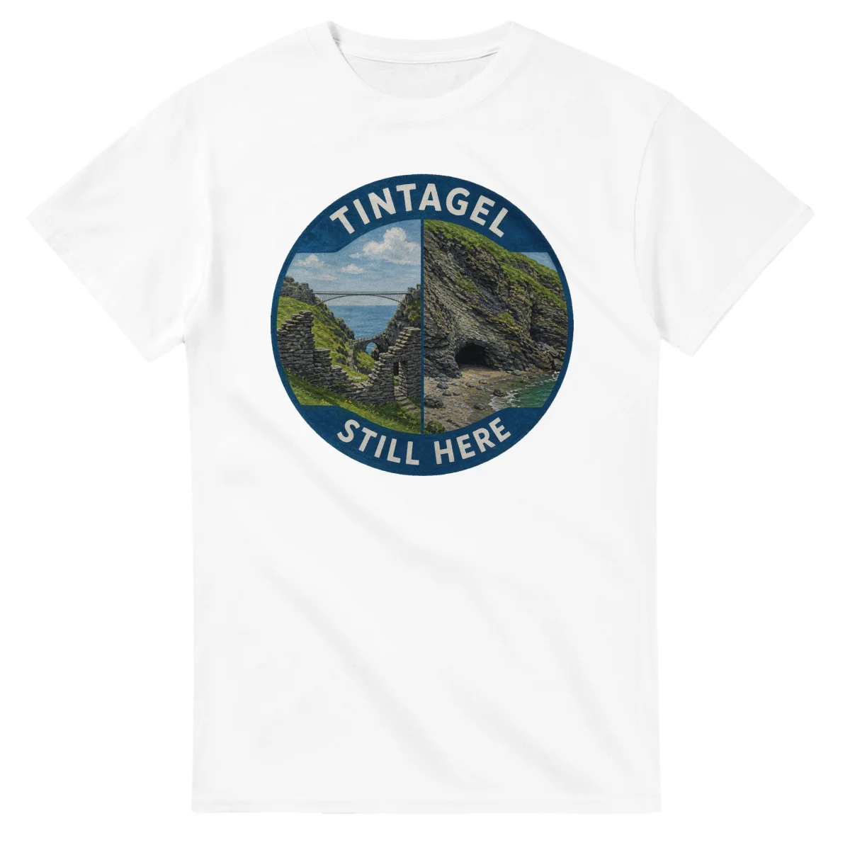 Painted, panelled scenic illustration for Tintagel, with paired local scenes and the place name in lettering.