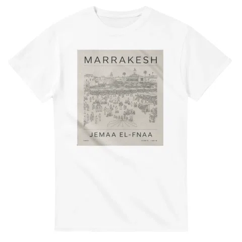 Fine-line engraving-style drawing for Marrakesh, with a landmark caption and small coordinate text.