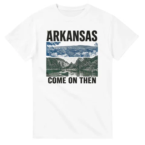 Two-colour scenic illustration for Arkansas, with the place name and COME ON THEN lettering.