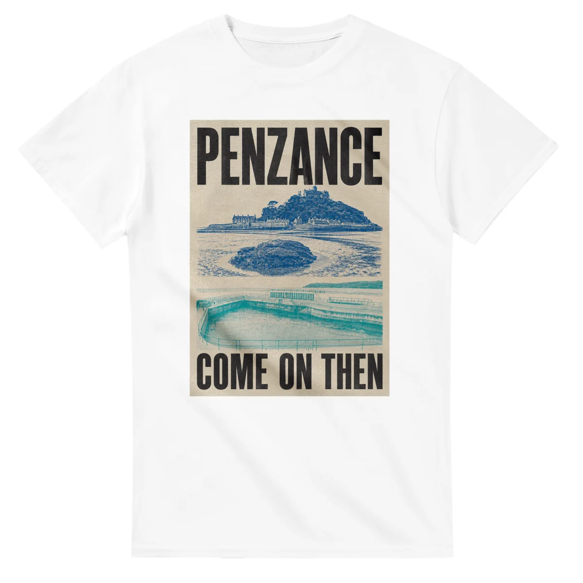 Two-colour scenic illustration for Penzance, with the place name and COME ON THEN lettering.