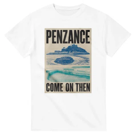 Two-colour scenic illustration for Penzance, with the place name and COME ON THEN lettering.
