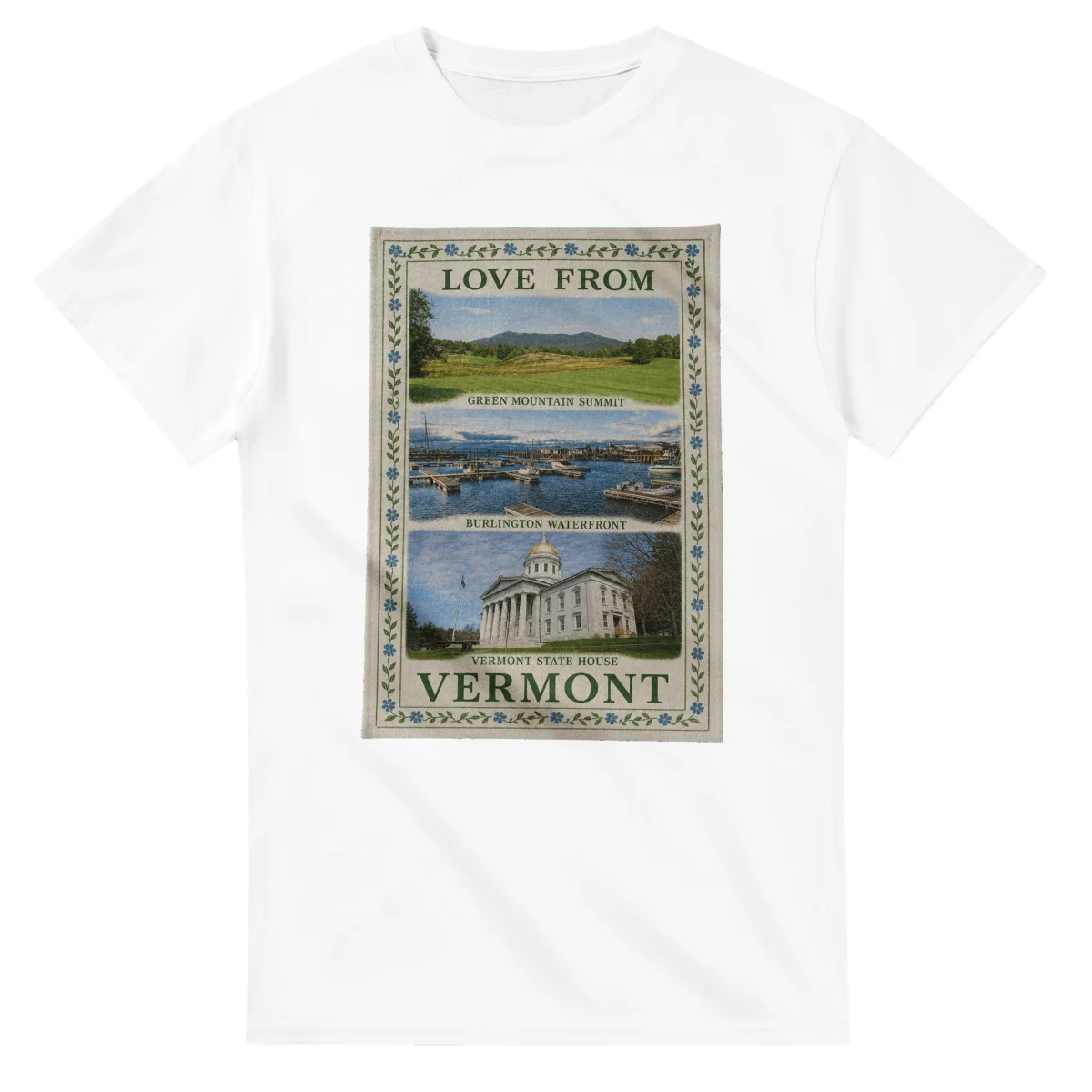 Framed scenic design for Vermont, with several local views, a decorative border and LOVE FROM lettering.