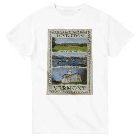 Framed scenic design for Vermont, with several local views, a decorative border and LOVE FROM lettering.