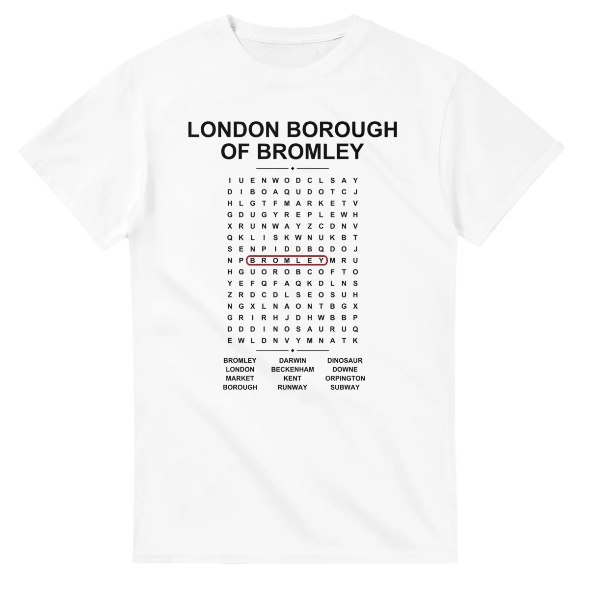 Word-search sheet for London Borough of Bromley, with a large place-name heading, a letter grid, a local answer list, and a red highlighted example word.