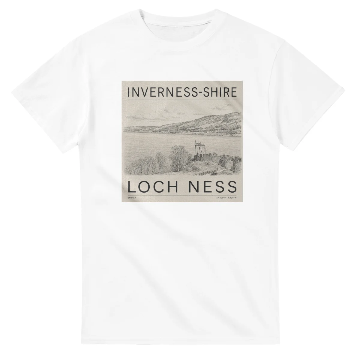 Fine-line engraving-style drawing for Inverness-shire, with a landmark caption and small coordinate text.