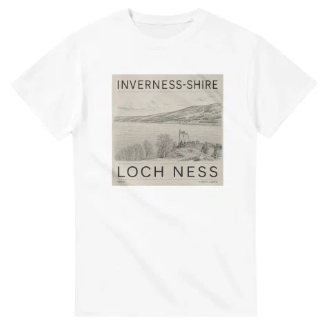 Fine-line engraving-style drawing for Inverness-shire, with a landmark caption and small coordinate text.