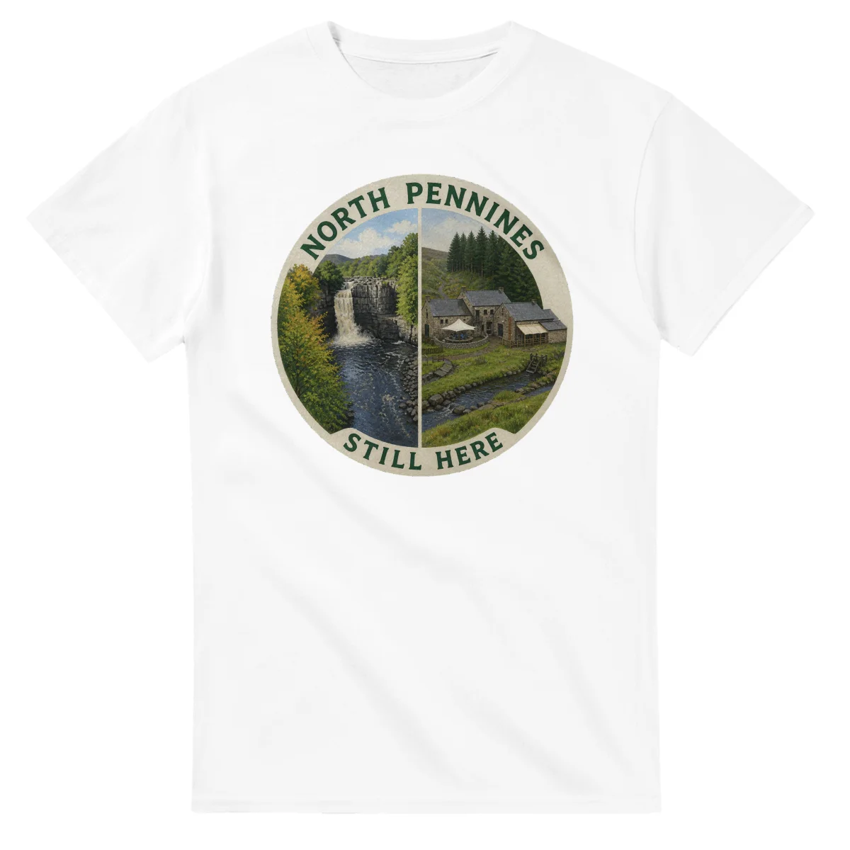 Painted, panelled scenic illustration for North Pennines, with paired local scenes and the place name in lettering.