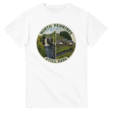 Painted, panelled scenic illustration for North Pennines, with paired local scenes and the place name in lettering.