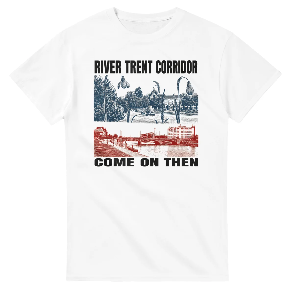 Two-colour scenic illustration for River Trent, with the place name and COME ON THEN lettering.