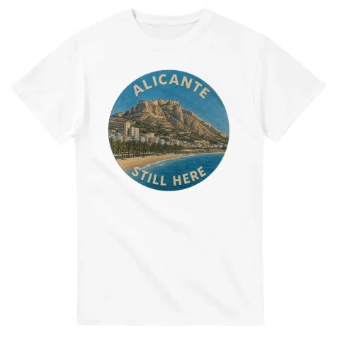 Painted, panelled scenic illustration for Alicante, with paired local scenes and the place name in lettering.