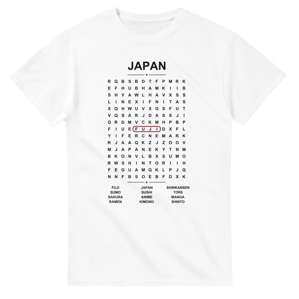 Word-search sheet for Japan, with a large place-name heading, a letter grid, a local answer list, and a red highlighted example word.