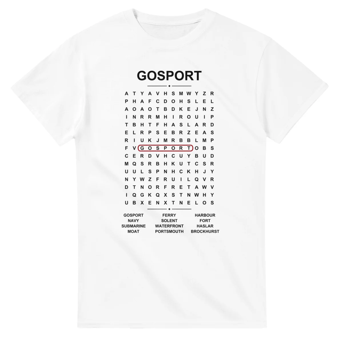 Word-search sheet for Gosport, with a large place-name heading, a letter grid, a local answer list, and a red highlighted example word.