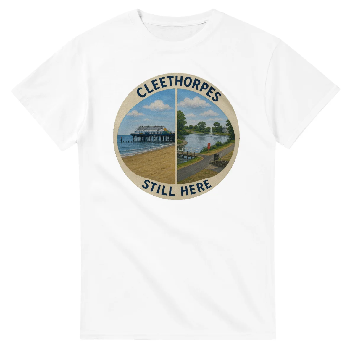 Painted, panelled scenic illustration for Cleethorpes, with paired local scenes and the place name in lettering.