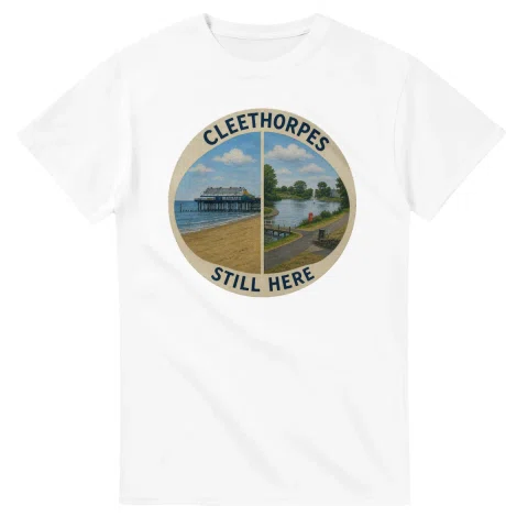 Painted, panelled scenic illustration for Cleethorpes, with paired local scenes and the place name in lettering.