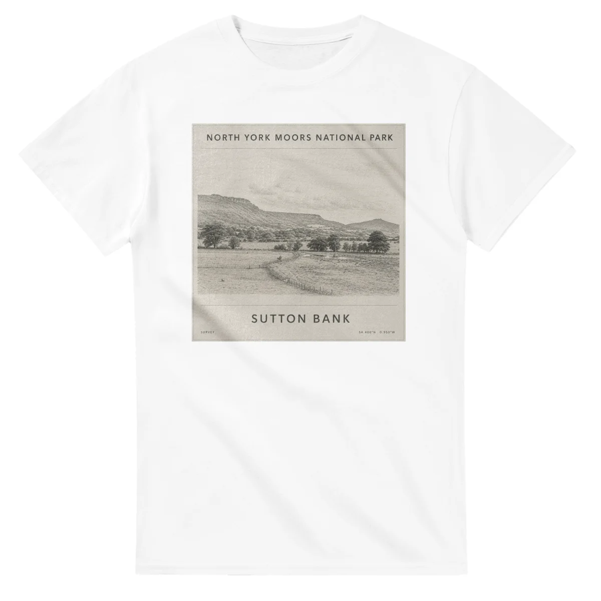 Fine-line engraving-style drawing for North York Moors National Park, with a landmark caption and small coordinate text.