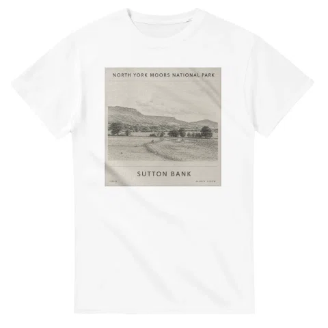 Fine-line engraving-style drawing for North York Moors National Park, with a landmark caption and small coordinate text.