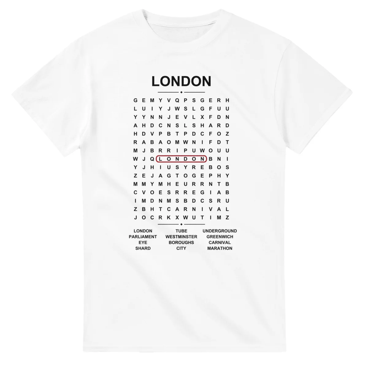 Word-search sheet for London, with a large place-name heading, a letter grid, a local answer list, and a red highlighted example word.
