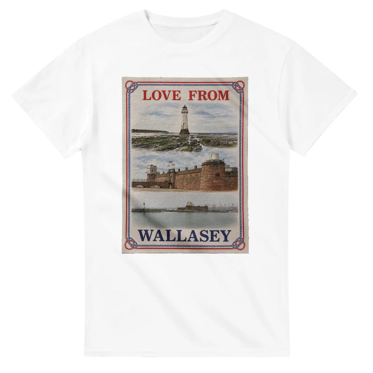 Framed scenic design for Wallasey, with several local views, a decorative border and LOVE FROM lettering.