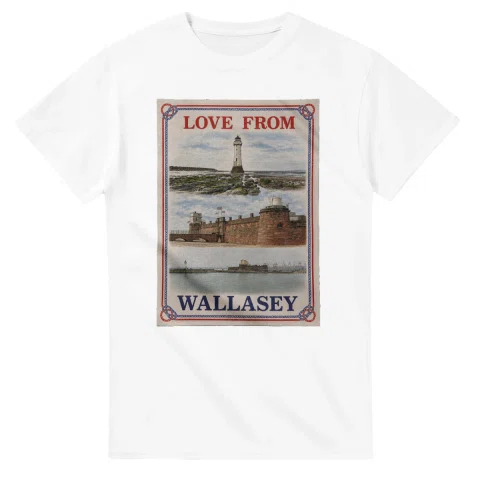 Framed scenic design for Wallasey, with several local views, a decorative border and LOVE FROM lettering.