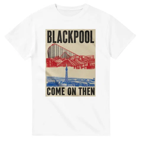 Two-colour scenic illustration for Blackpool, with the place name and COME ON THEN lettering.