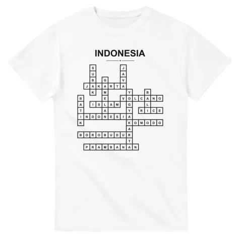 Monochrome crossword sheet for Indonesia, with a large place-name heading, a letter grid, and numbered across and down clues.