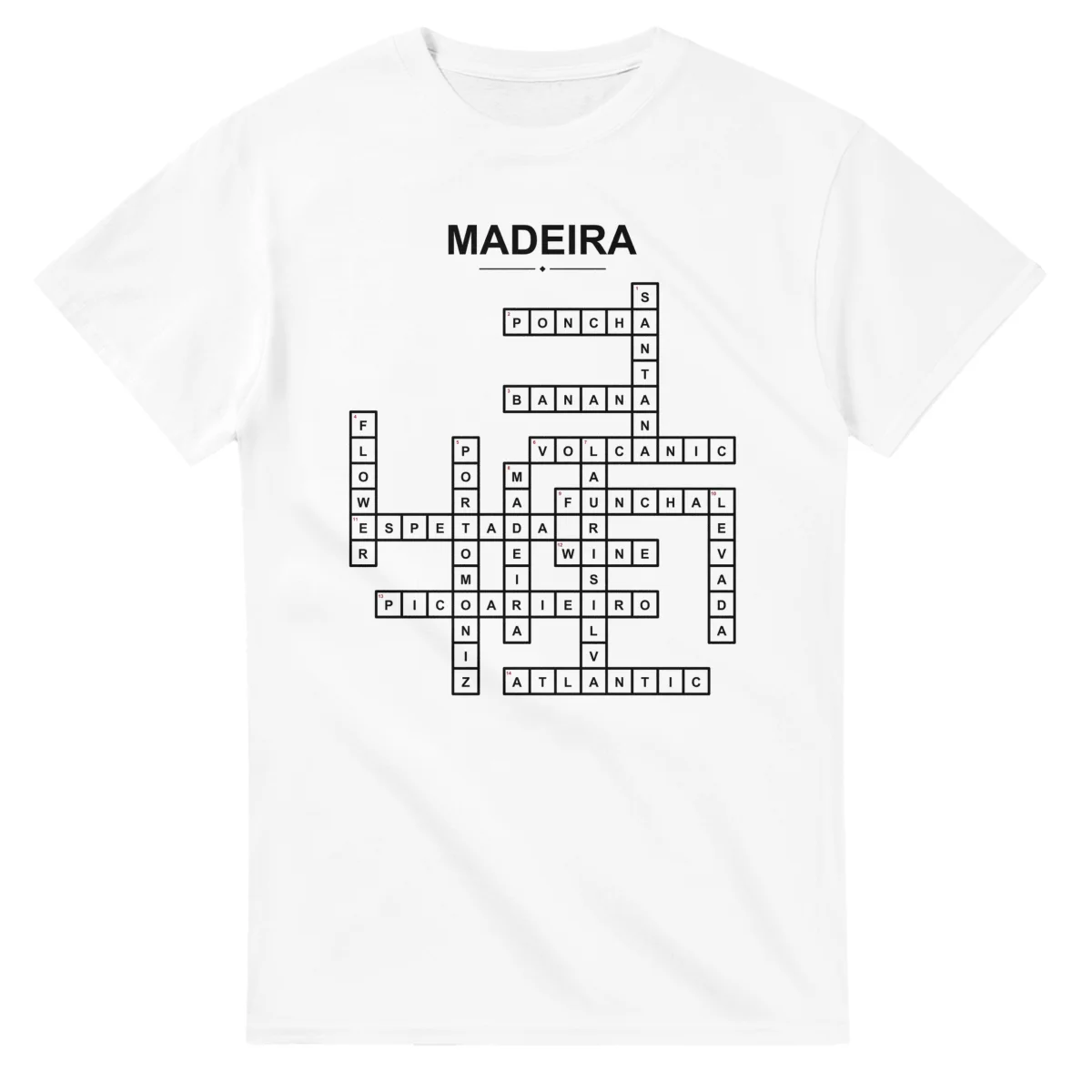 Monochrome crossword sheet for Madeira, with a large place-name heading, a letter grid, and numbered across and down clues.
