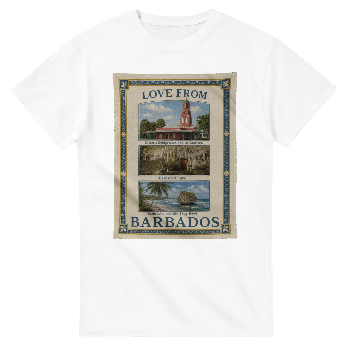Framed scenic design for Barbados, with several local views, a decorative border and LOVE FROM lettering.