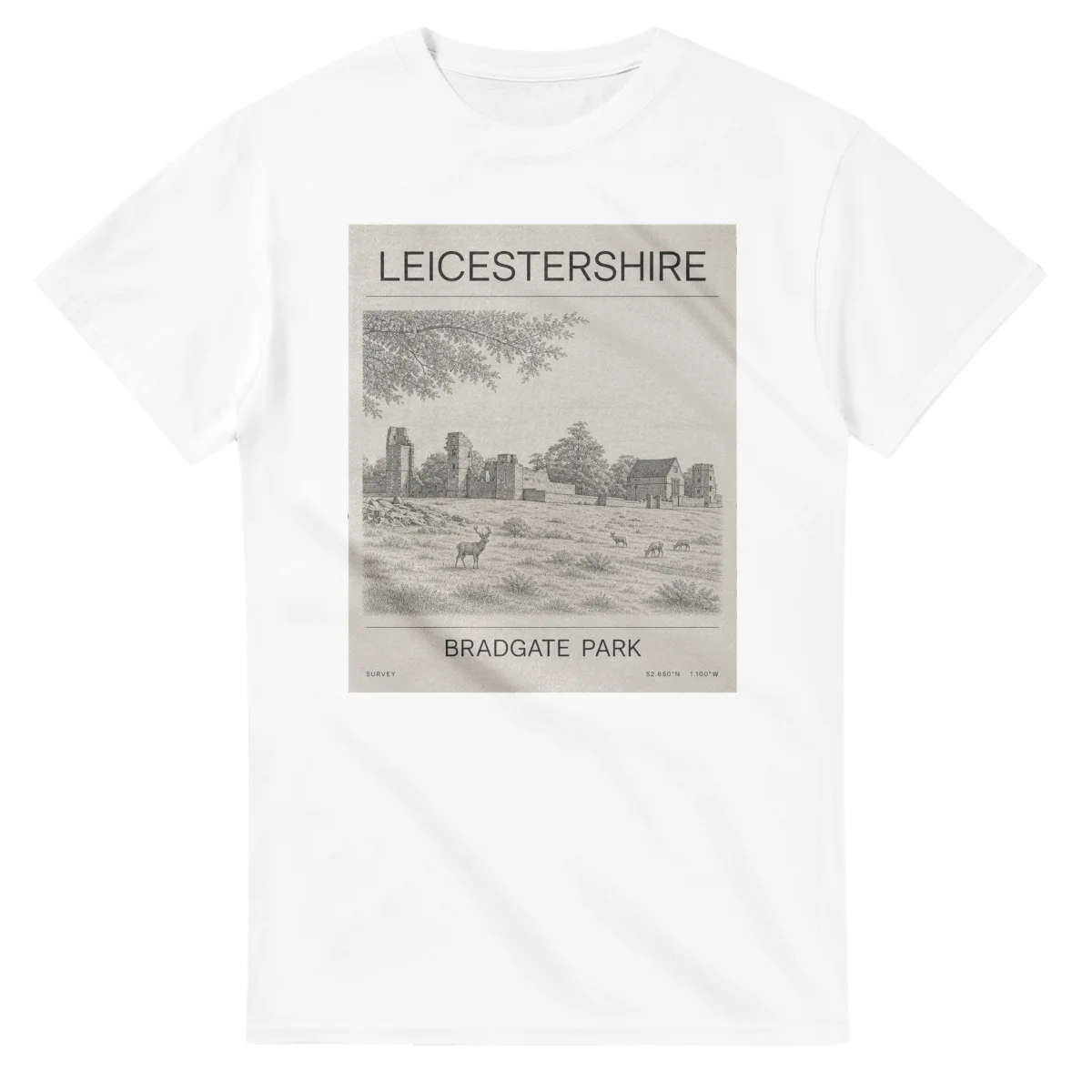 Fine-line engraving-style drawing for Leicestershire, with a landmark caption and small coordinate text.