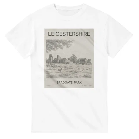 Fine-line engraving-style drawing for Leicestershire, with a landmark caption and small coordinate text.