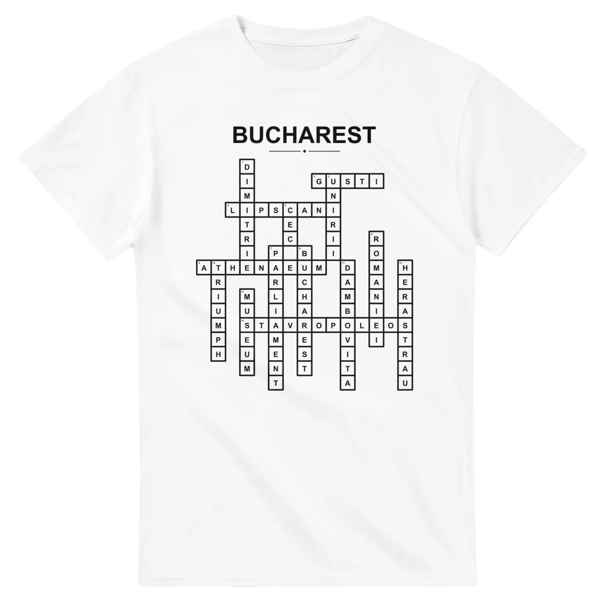 Monochrome crossword sheet for Bucharest, with a large place-name heading, a letter grid, and numbered across and down clues.